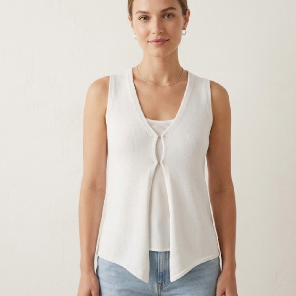 White Knitted Clasp-Front Crop Vest - Sleeveless Knit Top